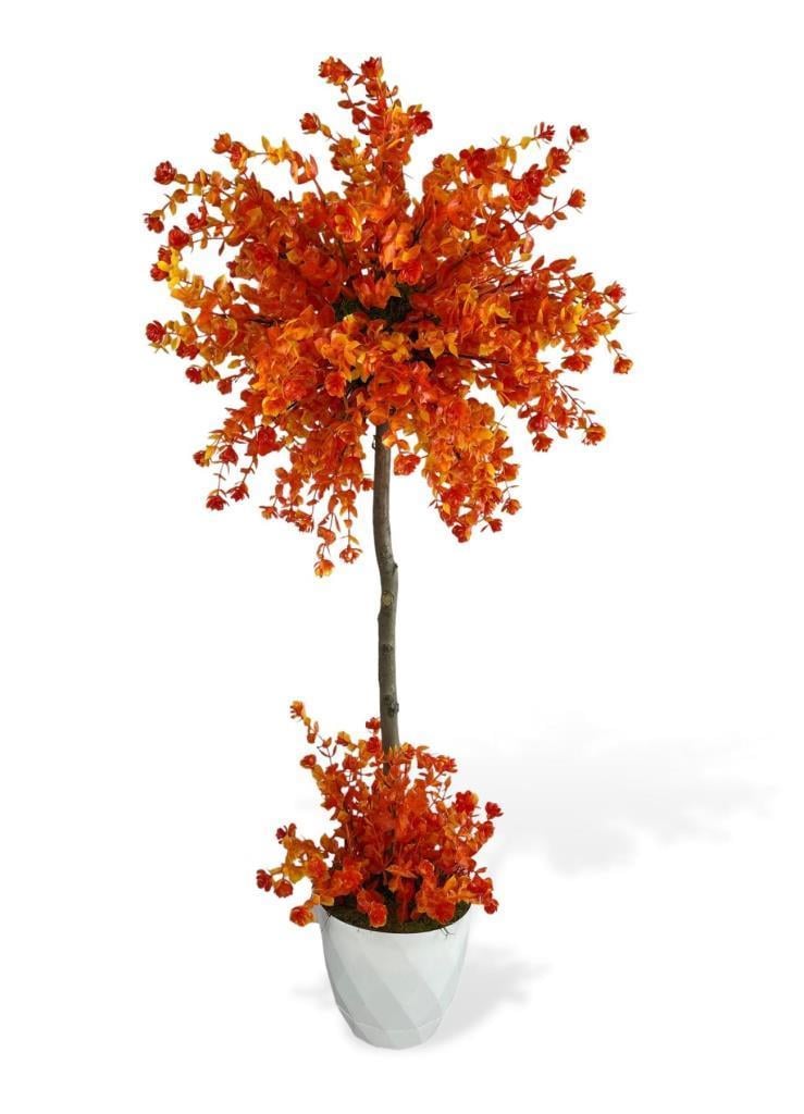 Yapay Ağaç Turuncu Top Kafalı Lotus Ağacı Beyaz Saksılı 90cm