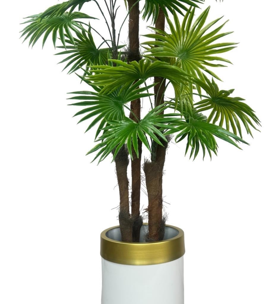 Yapay Ağaç Yelpaze Palmiye 4Katlı Fanpalm 32 Yaprak Altın Kemerli Beyaz Saksıda 170*65cm