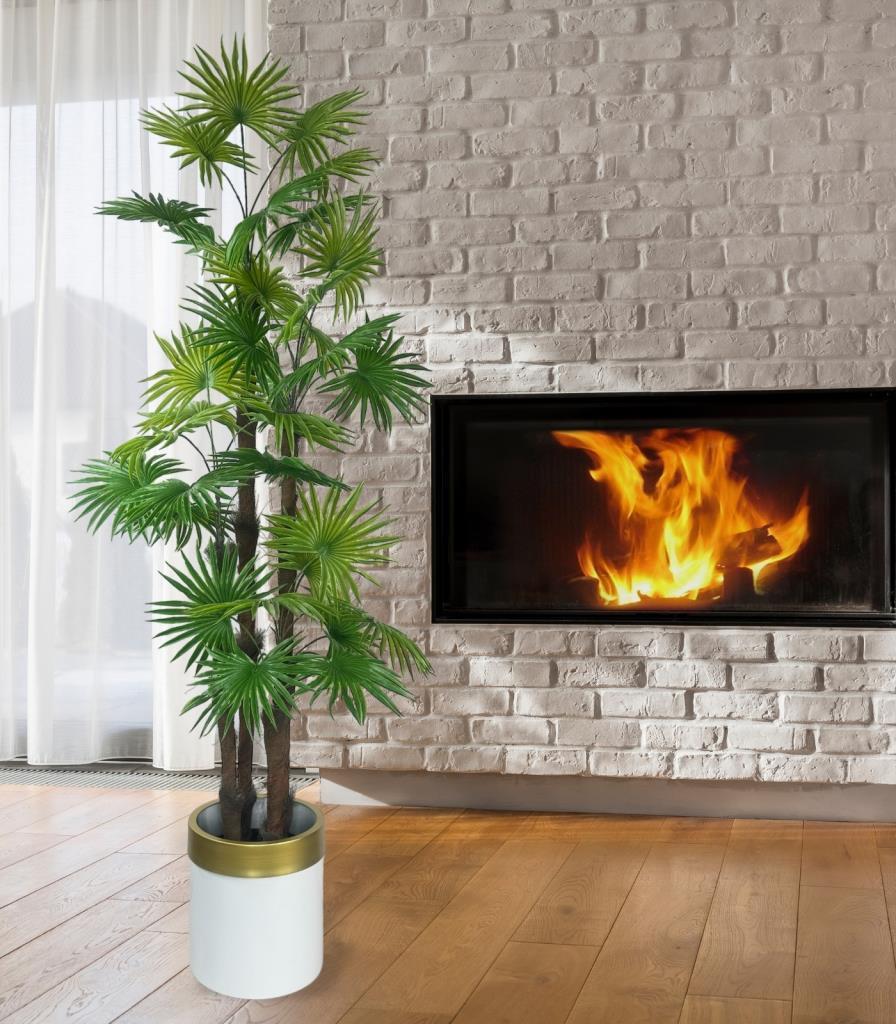 Yapay Ağaç Yelpaze Palmiye 4Katlı Fanpalm 32 Yaprak Altın Kemerli Beyaz Saksıda 170*65cm