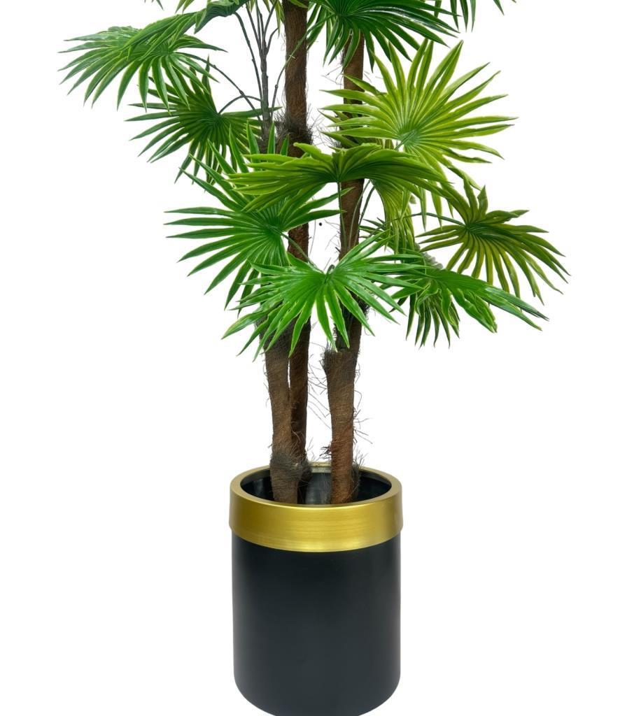 Yapay Ağaç Yelpaze Palmiye 4Katlı Fanpalm 32 Yaprak Altın Kemerli Siyah Saksıda 170*65cm