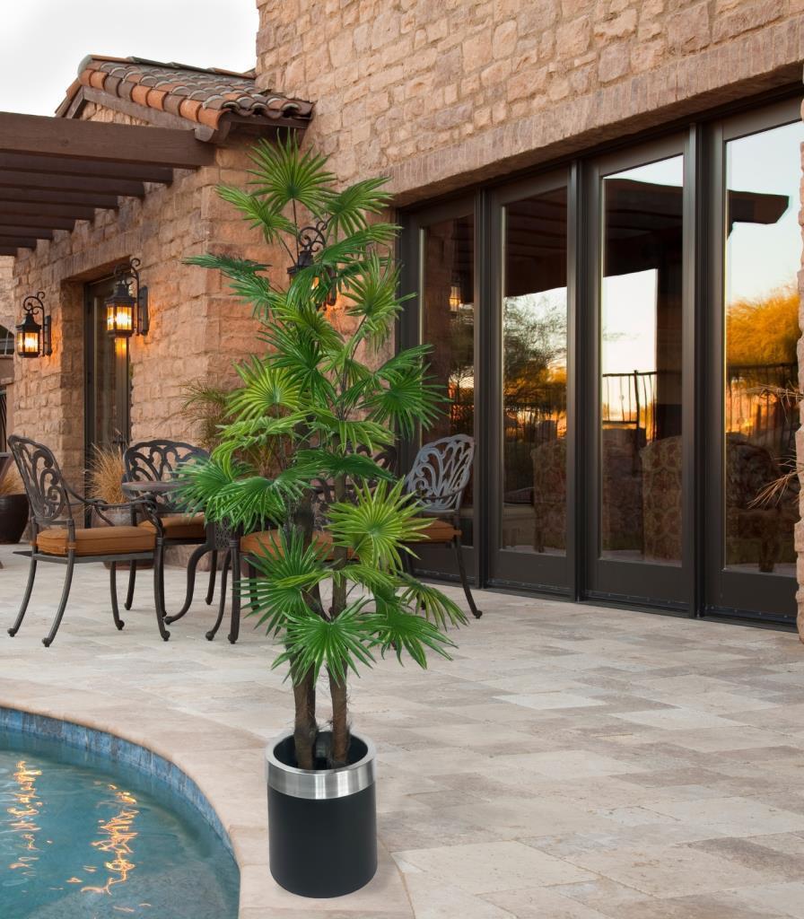 Yapay Ağaç Yelpaze Palmiye 4Katlı Fanpalm 32 Yaprak Gümüş Kemerli Siyah Saksıda 170*65cm