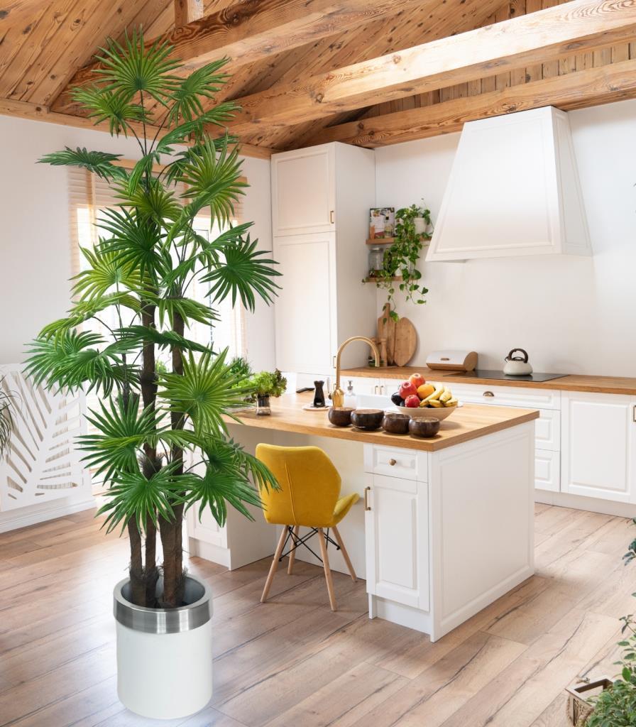 Yapay Ağaç Yelpaze Palmiye 4Katlı Fanpalm 32 Yaprak Gümüş Kemerli Beyaz Saksıda 170*65cm