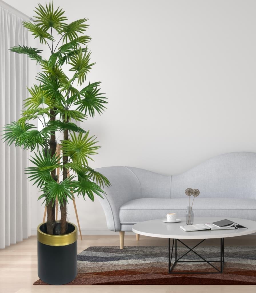 Yapay Ağaç Yelpaze Palmiye 4Katlı Fanpalm 32 Yaprak Altın Kemerli Siyah Saksıda 170*65cm
