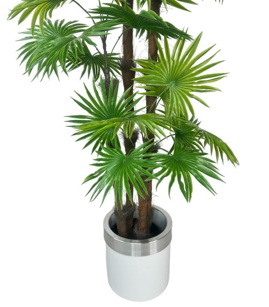 Yapay Ağaç Yelpaze Palmiye 4Katlı Fanpalm 32 Yaprak Gümüş Kemerli Beyaz Saksıda 170*65cm
