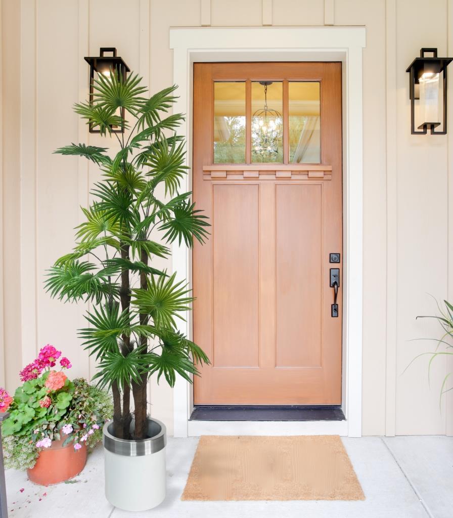 Yapay Ağaç Yelpaze Palmiye 4Katlı Fanpalm 32 Yaprak Gümüş Kemerli Beyaz Saksıda 170*65cm