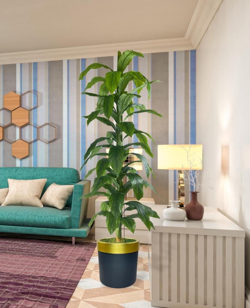 Yapay Ağaç Yukka Dracena 180*70cm Galvaniz Gold Kemerli Siyah Saksıda Salon Çiçeği Yapay Çiçek