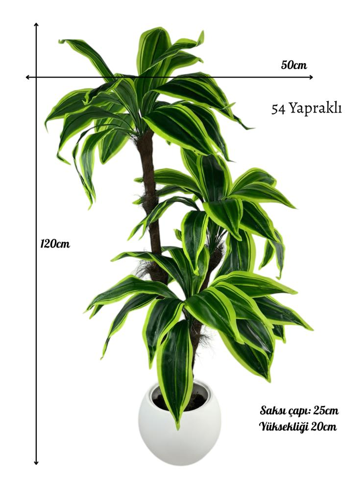 Yapay Ağaç Yukka Sarı Şeritli Draceena Ağacı Beyaz Küre Saksıda 120*50cm 54 Yapraklı