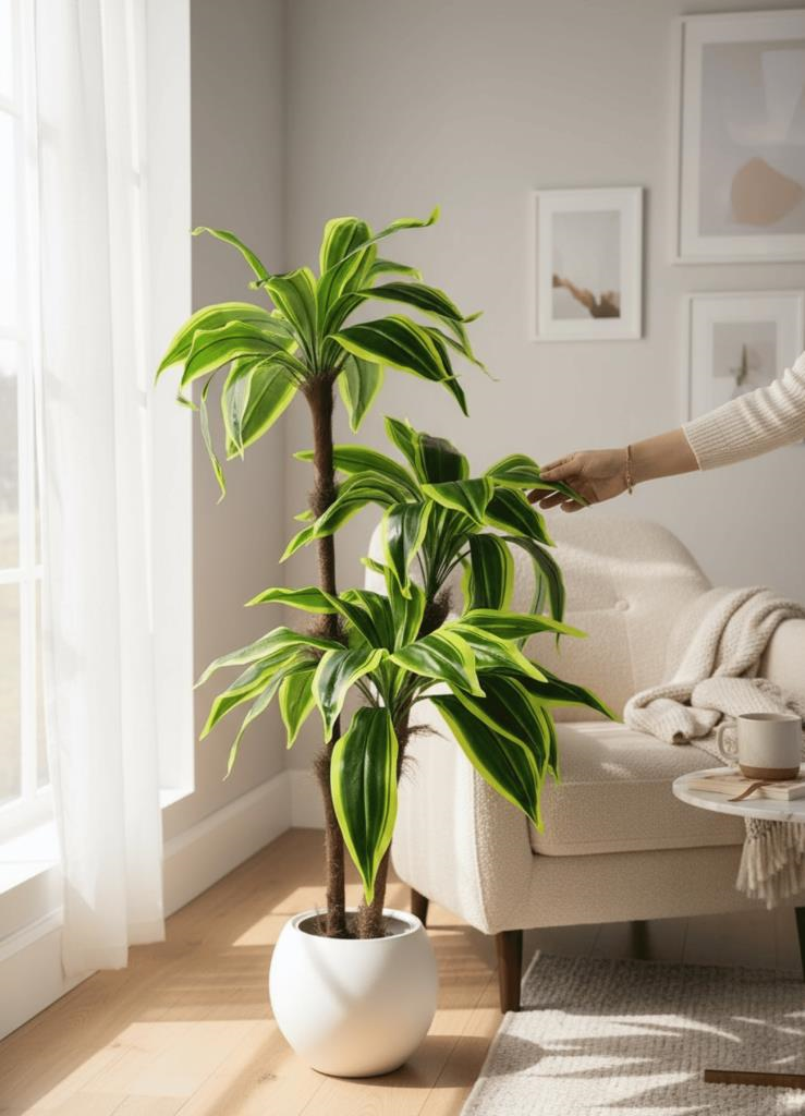 Yapay Ağaç Yukka Sarı Şeritli Draceena Ağacı Beyaz Küre Saksıda 120*50cm 54 Yapraklı