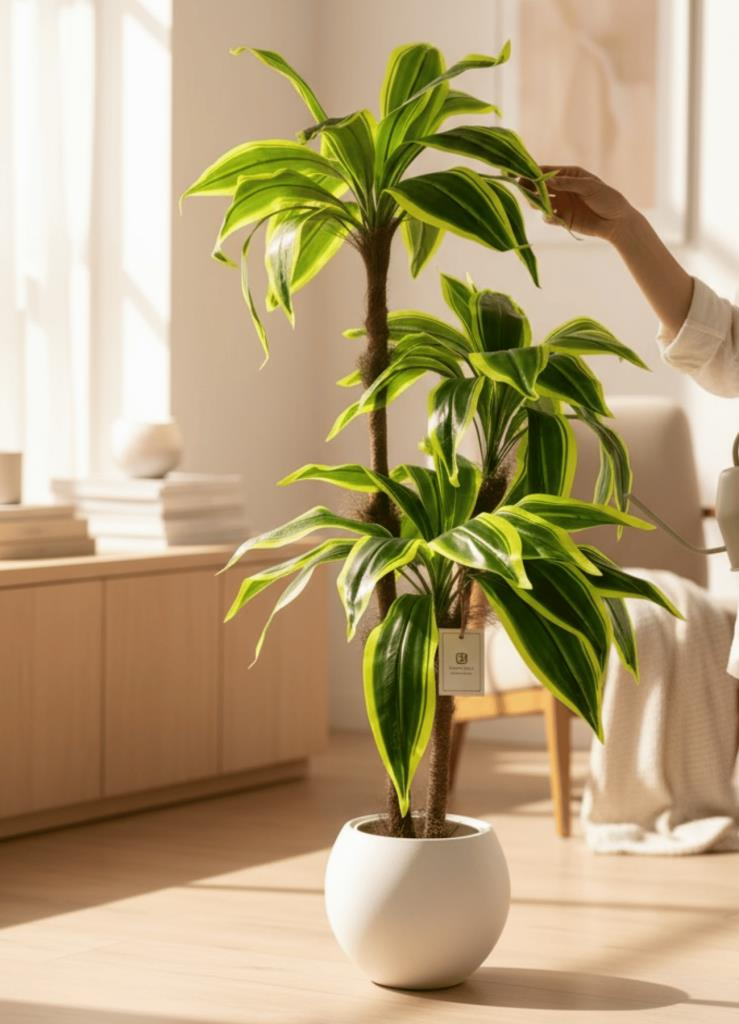 Yapay Ağaç Yukka Sarı Şeritli Draceena Ağacı Beyaz Küre Saksıda 120*50cm 54 Yapraklı
