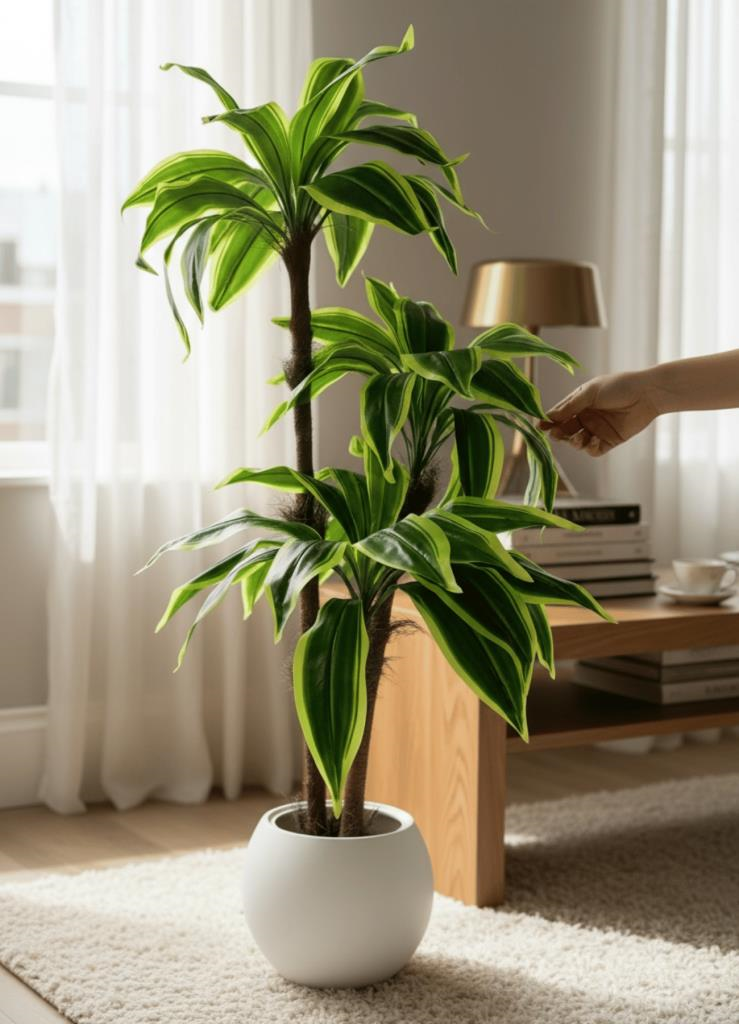 Yapay Ağaç Yukka Sarı Şeritli Draceena Ağacı Beyaz Küre Saksıda 120*50cm 54 Yapraklı