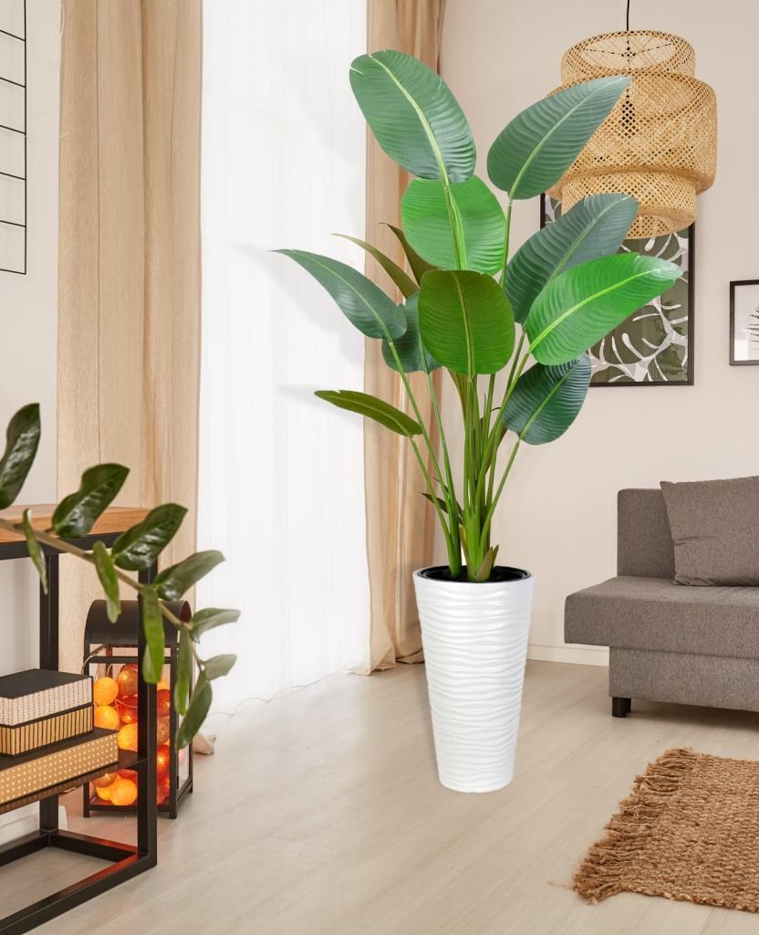 Yapay Ağacı Beyaz Uzun Kumsal Vazoda Muz Ağacı Yapay Starliçe 195cm 10 Yaprak