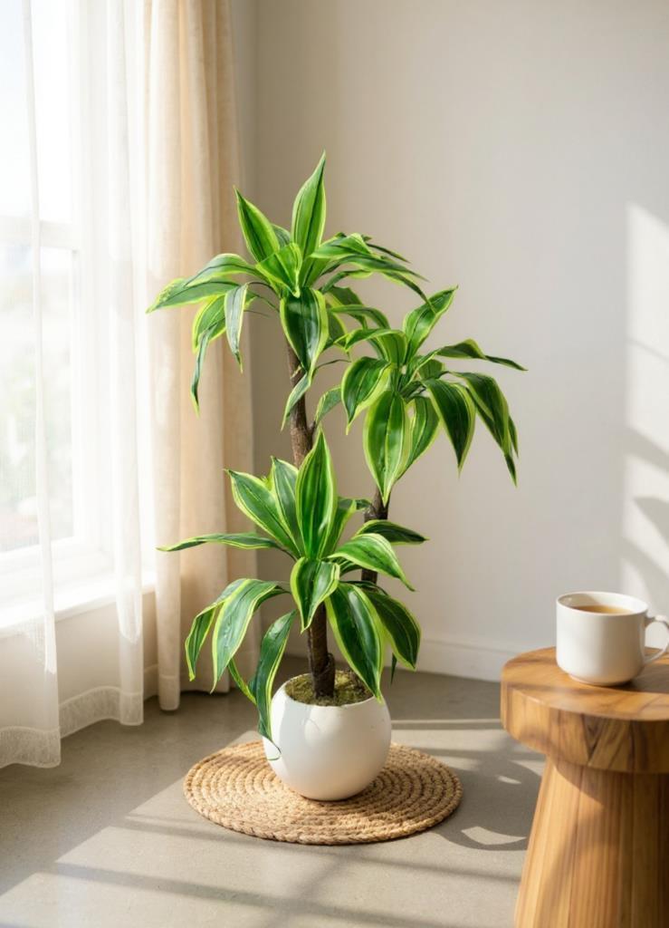 Yapay Ağacı Yukka Sarı Şeritli Draceena Ağacı Beyaz Küre Saksıda 100*50cm