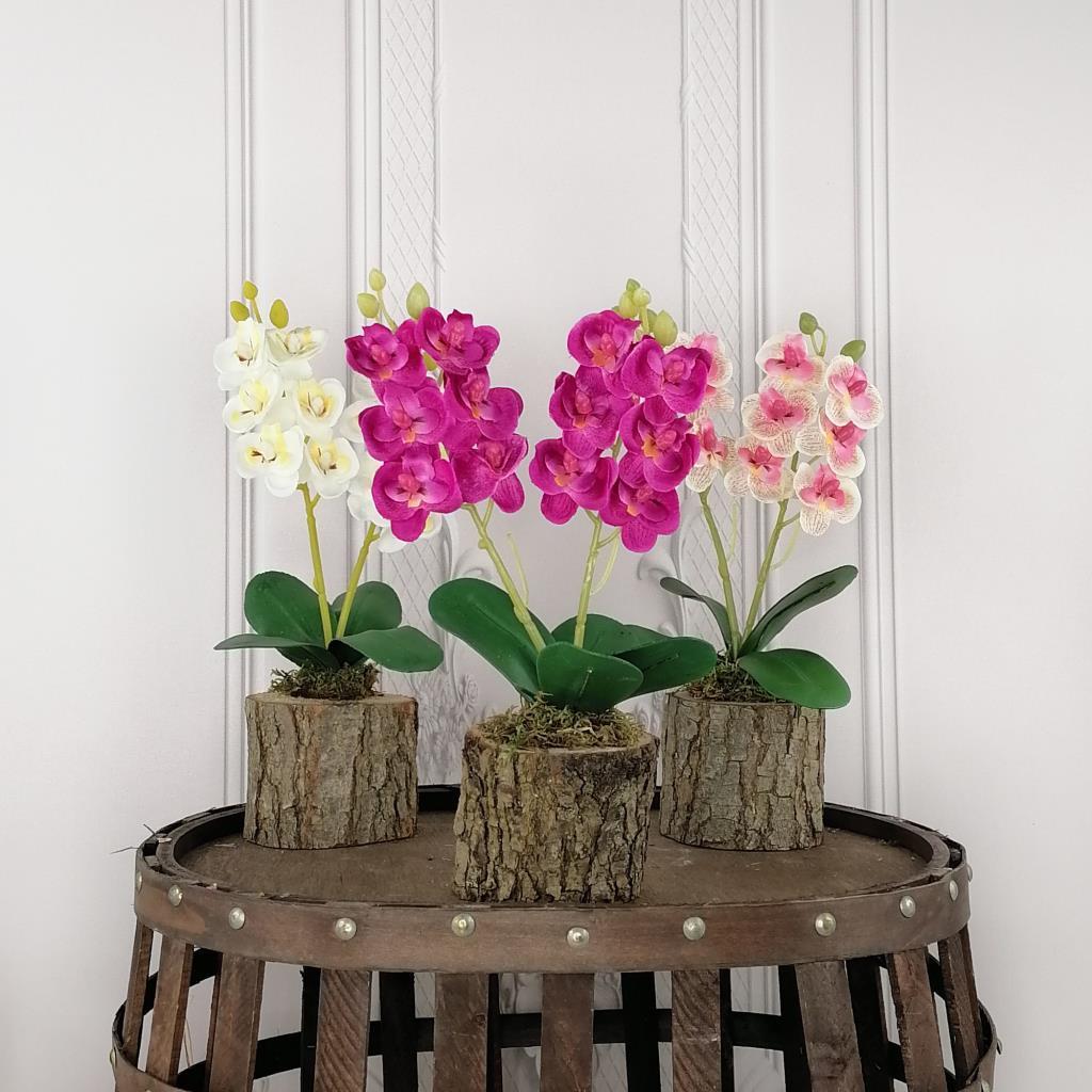 Yapay Ahşap Kütük Saksılı Mini Orkide 3 lü Set Dekoratif Hediye