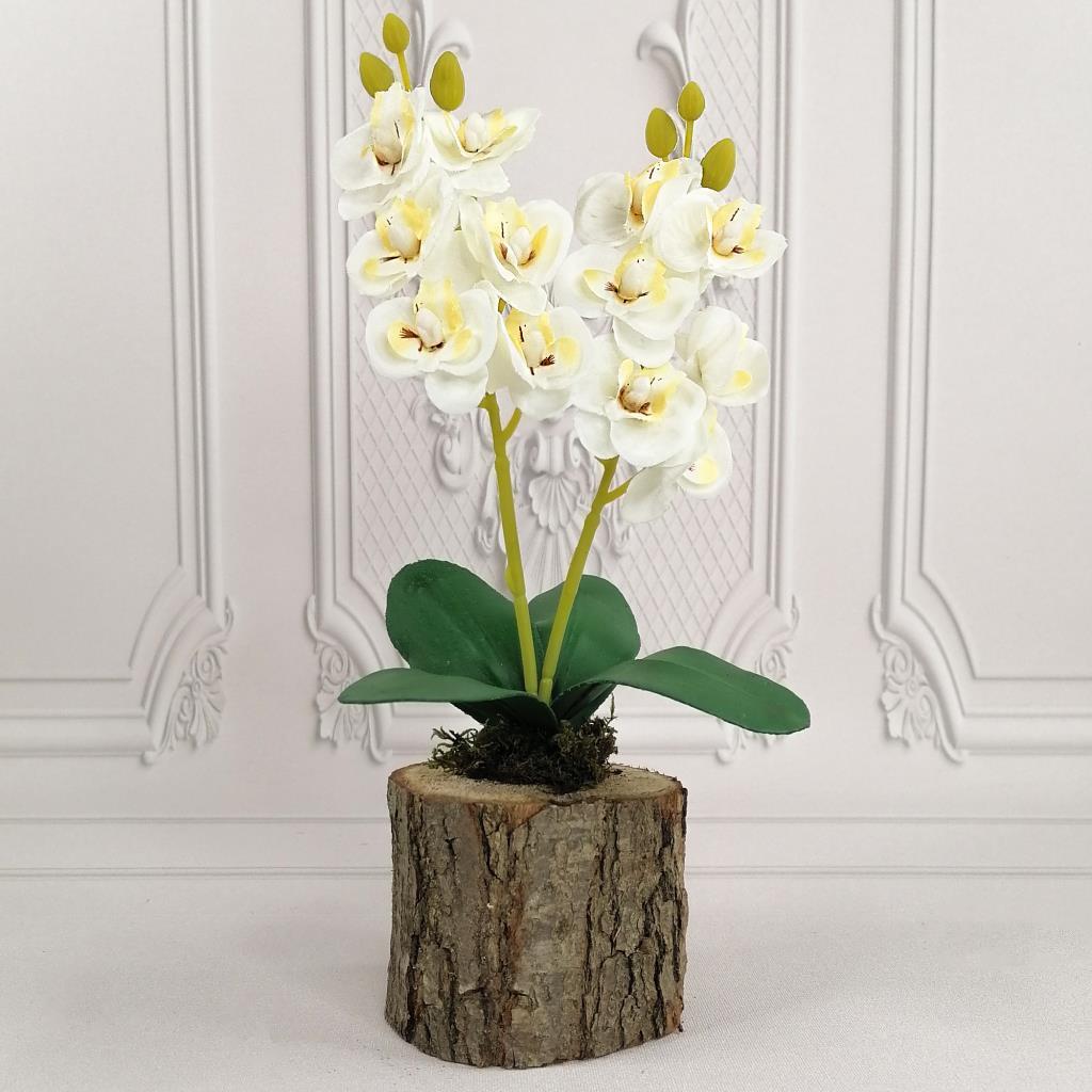 Yapay Ahşap Kütük Saksılı Mini Orkide 3 lü Set Dekoratif Hediye