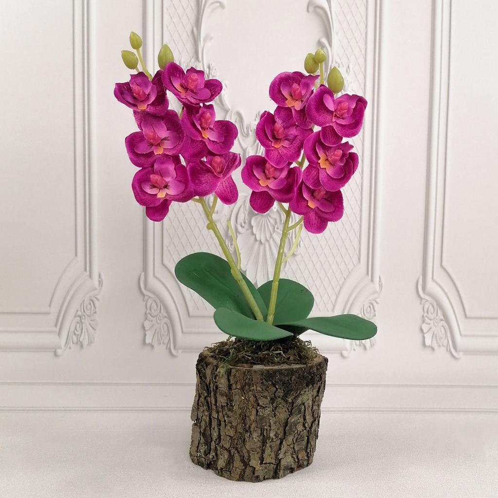 Yapay Ahşap Kütük Saksılı Mini Orkide 3 lü Set Dekoratif Hediye