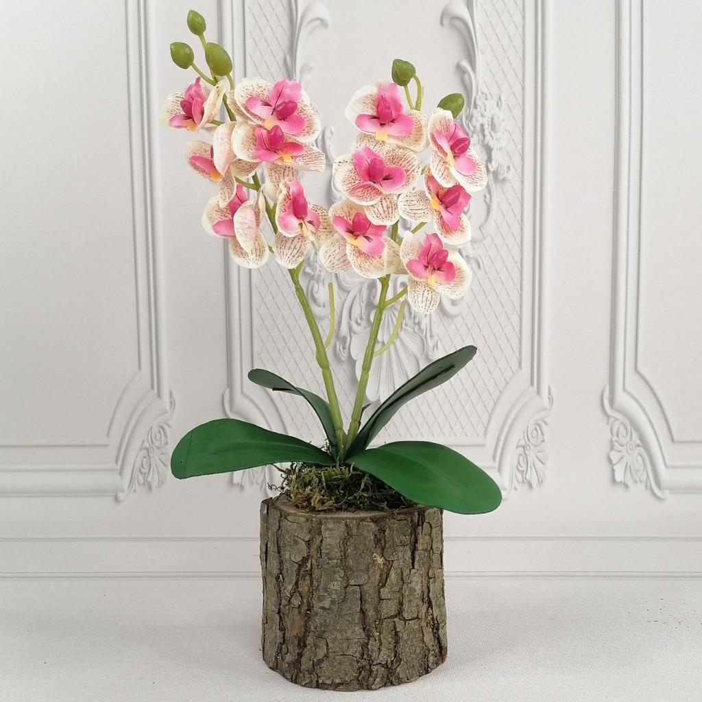 Yapay Ahşap Kütük Saksılı Mini Orkide 3 lü Set Dekoratif Hediye