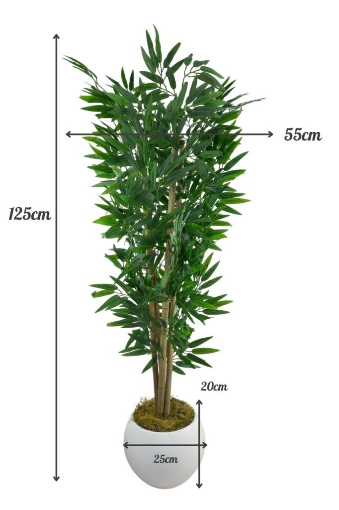 Yapay Bambu Ağacı 4 Dallı 125cm Yoğun Yapraklı Beyaz Küre Saksıda