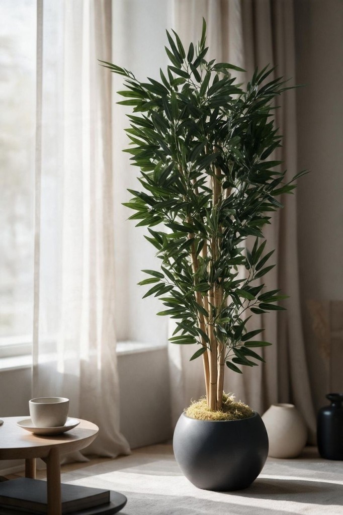 Yapay Bambu Ağacı 4 Dallı 125cm Yoğun Yapraklı Antrasit Küre Saksıda