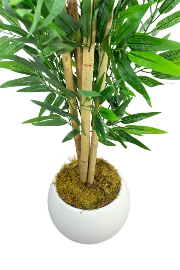 Yapay Bambu Ağacı 4 Dallı 125cm Yoğun Yapraklı Beyaz Küre Saksıda