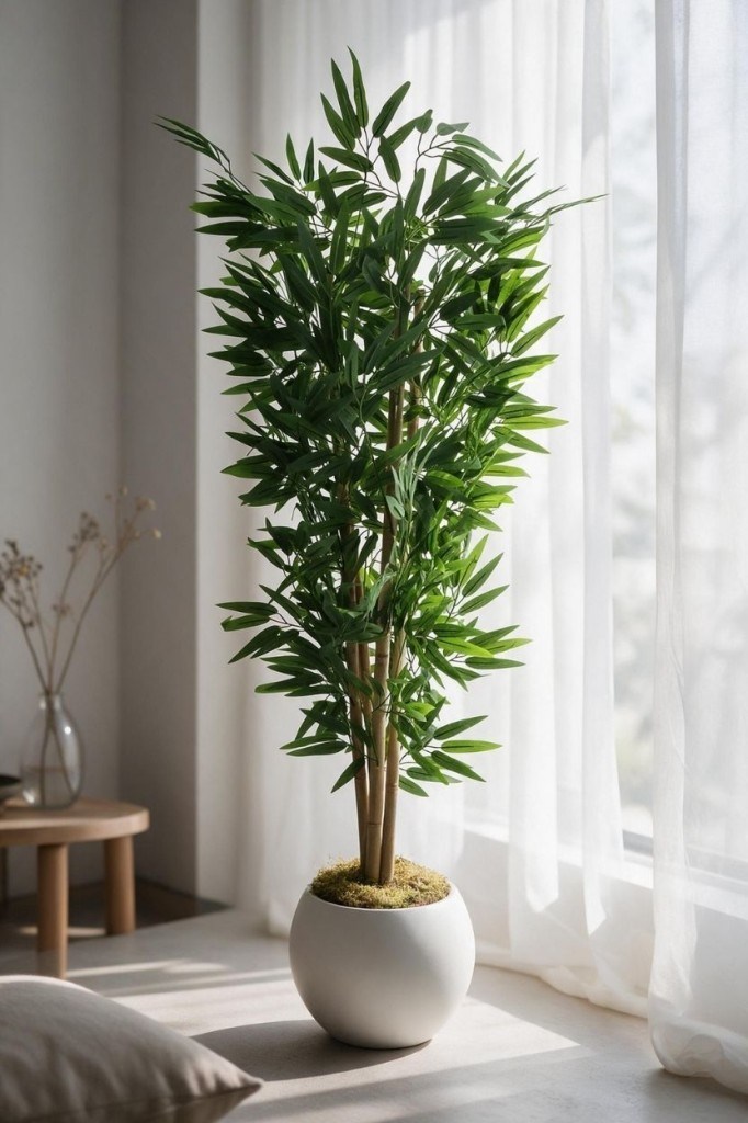 Yapay Bambu Ağacı 4 Dallı 125cm Yoğun Yapraklı Beyaz Küre Saksıda