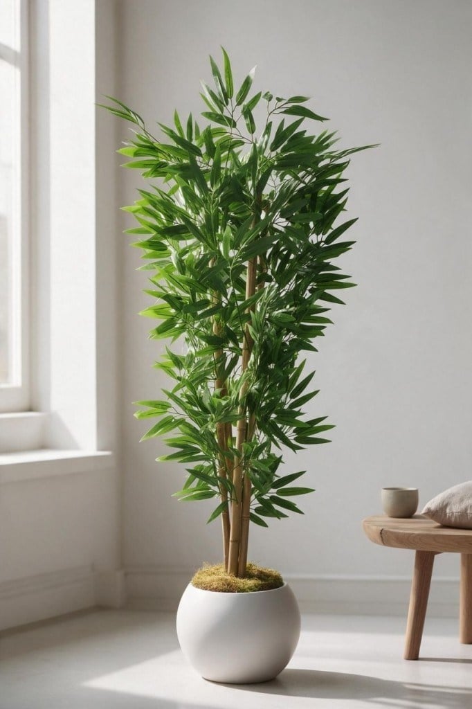 Yapay Bambu Ağacı 4 Dallı 125cm Yoğun Yapraklı Beyaz Küre Saksıda