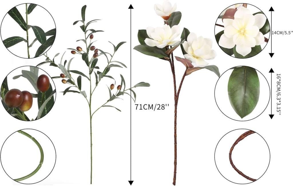 Yapay Çiçek 1Dal Beyaz Manolya 3 Kafalı 3Adet Yapay Zeytin Dalı  Uzun Dal Çiçek Flowers 80cm