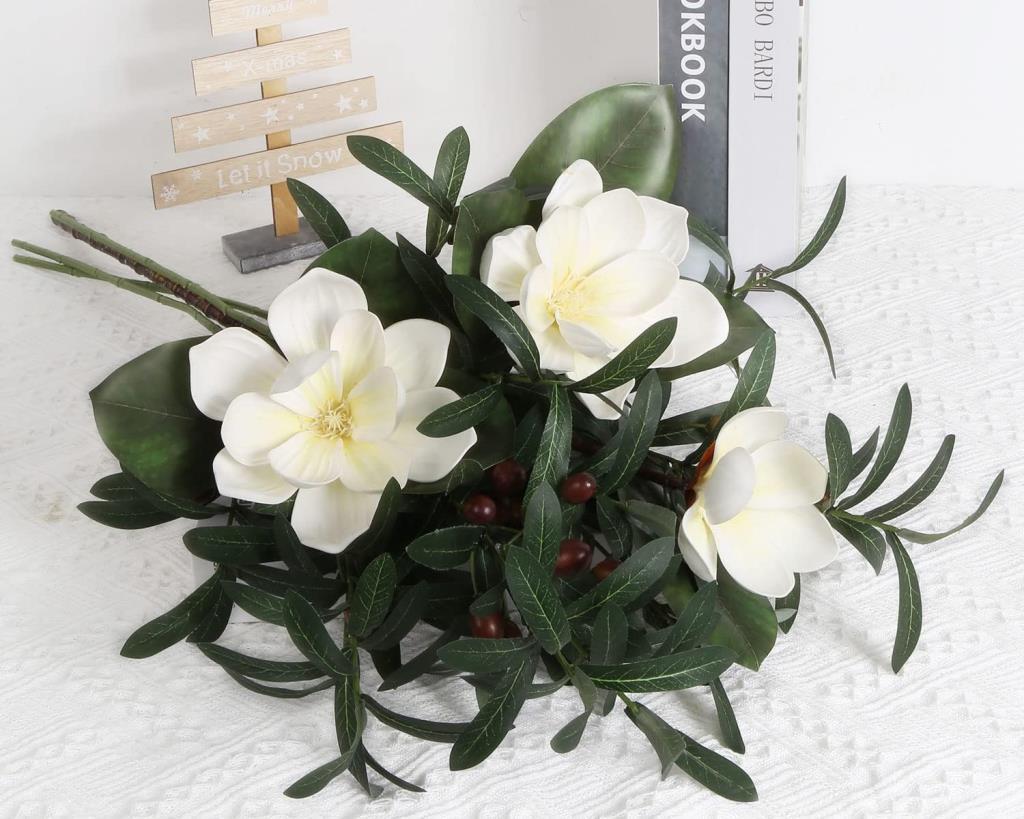Yapay Çiçek 1Dal Beyaz Manolya 3 Kafalı 3Adet Yapay Zeytin Dalı  Uzun Dal Çiçek Flowers 80cm