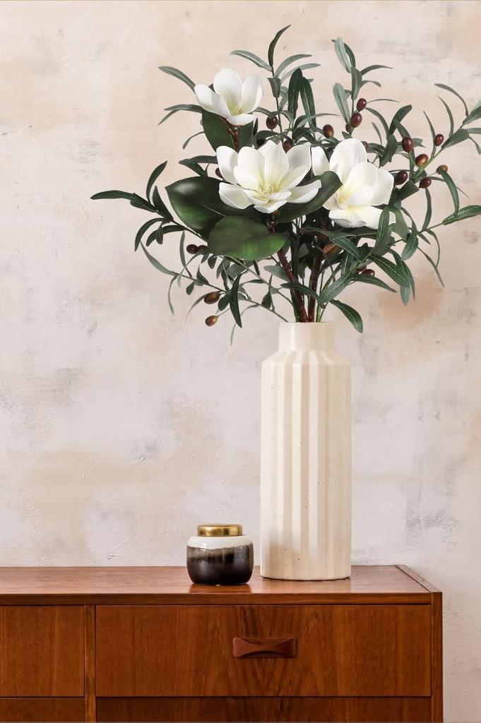 Yapay Çiçek 1Dal Beyaz Manolya 3 Kafalı 3Adet Yapay Zeytin Dalı  Uzun Dal Çiçek Flowers 80cm