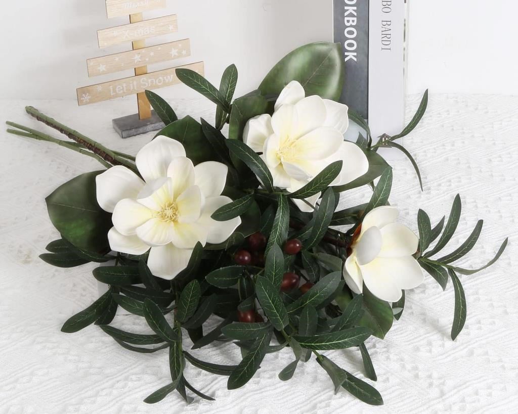Yapay Çiçek 1Dal Beyaz Manolya 3 Kafalı 3Adet Yapay Zeytin Dalı  Uzun Dal Çiçek Flowers 80cm