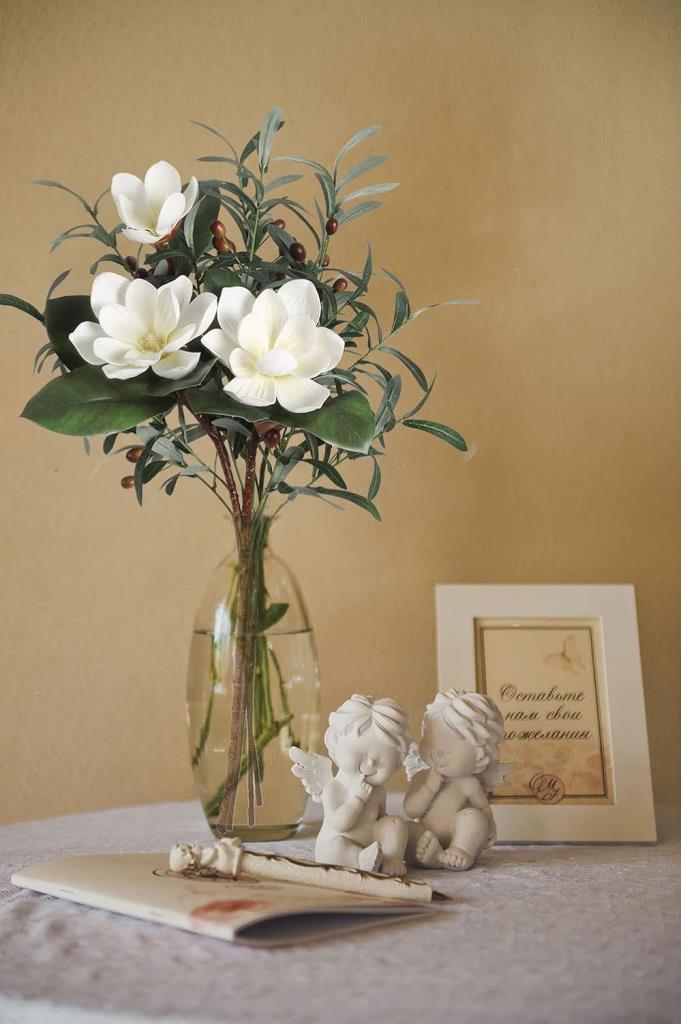 Yapay Çiçek 1Dal Beyaz Manolya 3 Kafalı 3Adet Yapay Zeytin Dalı  Uzun Dal Çiçek Flowers 80cm