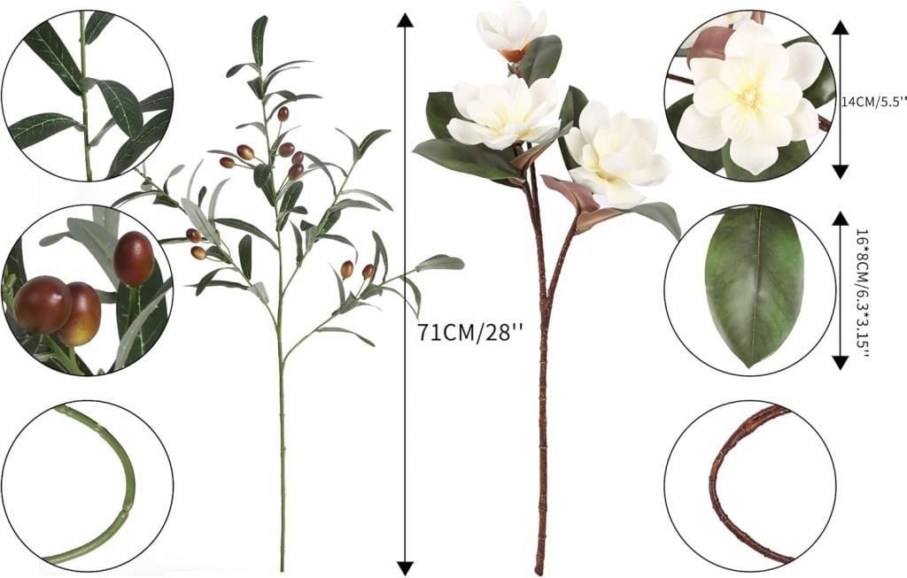 Yapay Çiçek 1Dal Beyaz Manolya 3 Kafalı 3Adet Yapay Zeytin Dalı  Uzun Dal Çiçek Flowers 80cm