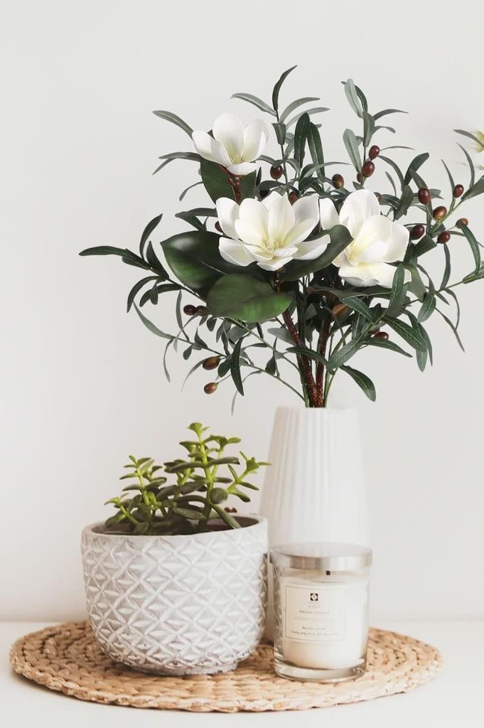 Yapay Çiçek 1Dal Beyaz Manolya 3 Kafalı 3Adet Yapay Zeytin Dalı  Uzun Dal Çiçek Flowers 80cm