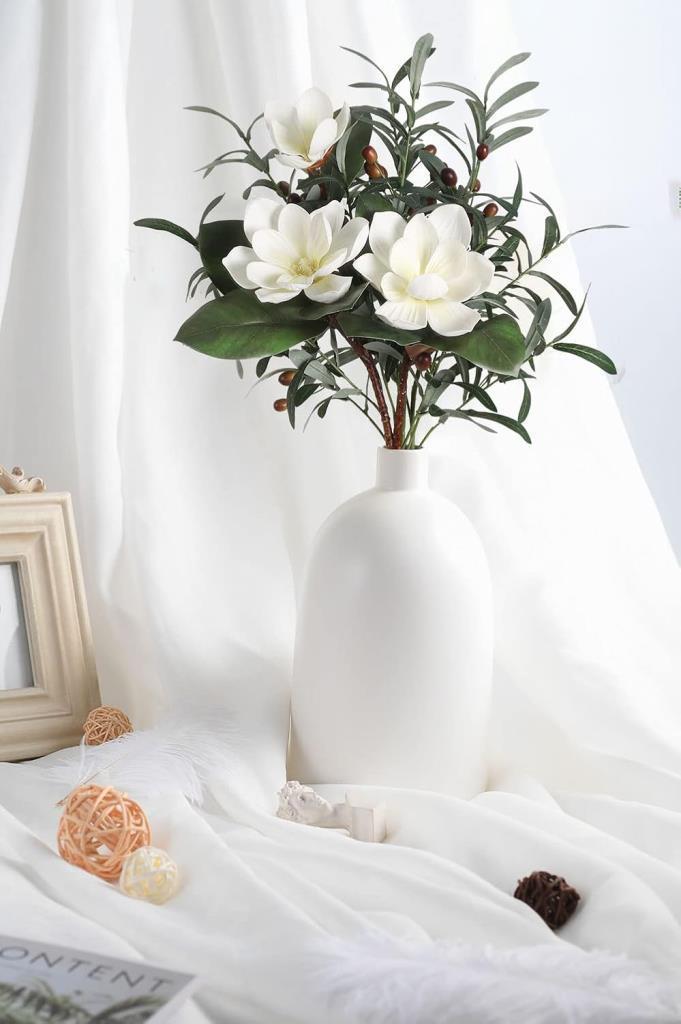 Yapay Çiçek 1Dal Beyaz Manolya 3 Kafalı 3Adet Yapay Zeytin Dalı  Uzun Dal Çiçek Flowers 80cm