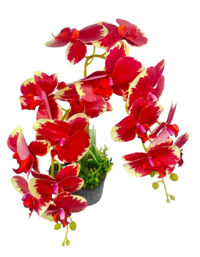 Yapay Çiçek 2li Kırmızı Krem Islak Orkide Seramik Saksıda Orkide 60cm