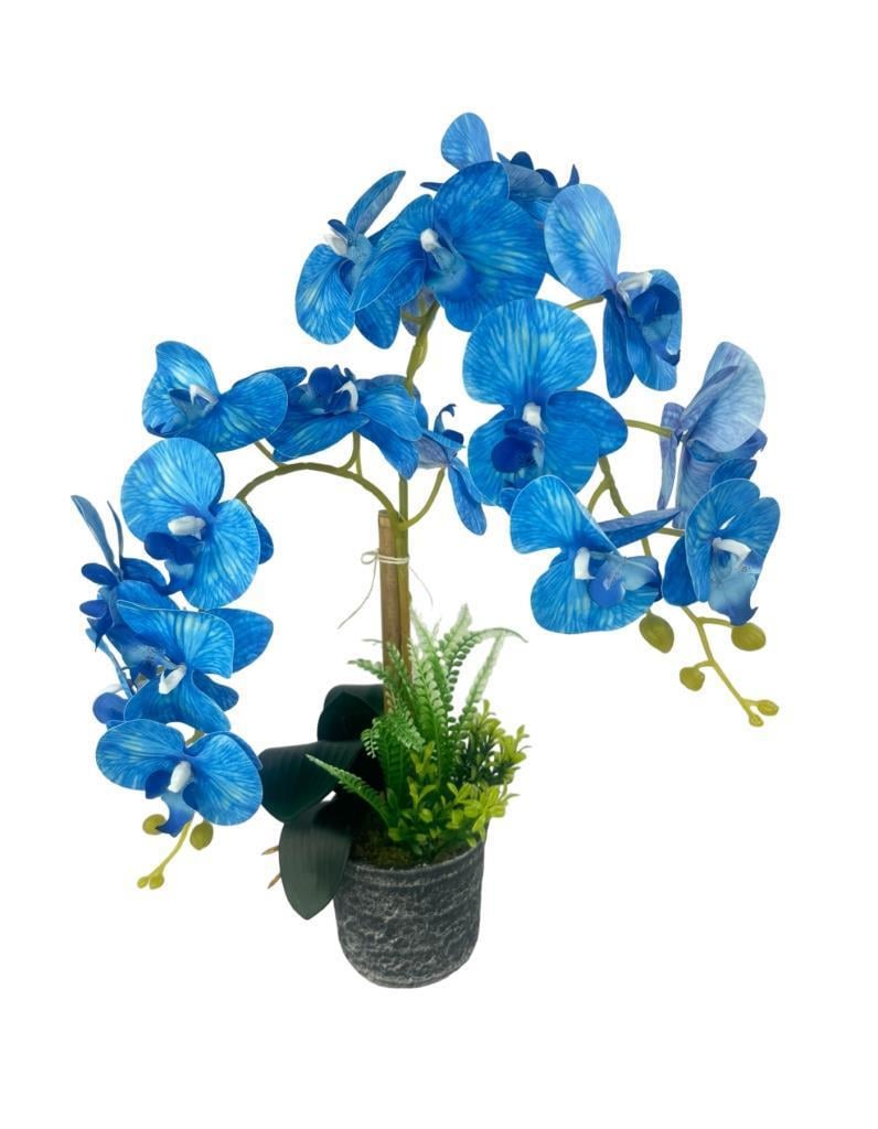 Yapay Çiçek 2li Mavi Islak Orkide Seramik Saksıda Orkide 60cm