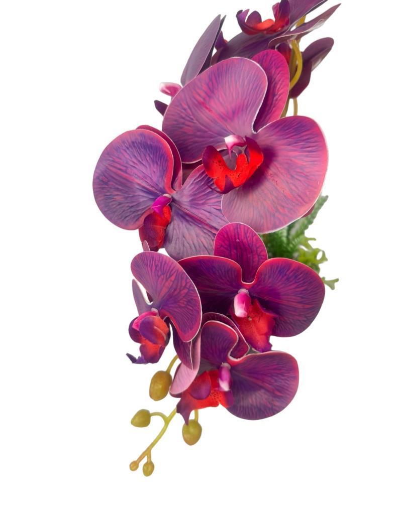 Yapay Çiçek 2li Mor Bordo Damarlı Islak Orkide Seramik Saksıda Orkide 60cm