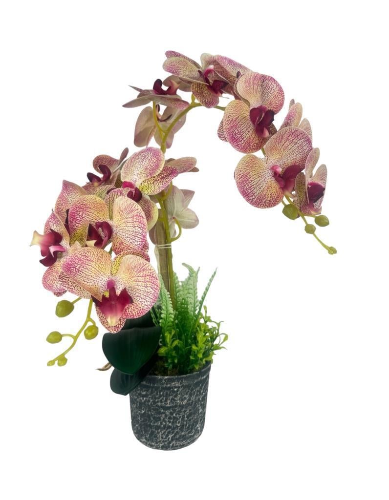 Yapay Çiçek 2li Pembe Damarlı Islak Orkide Seramik Saksıda Orkide 60cm