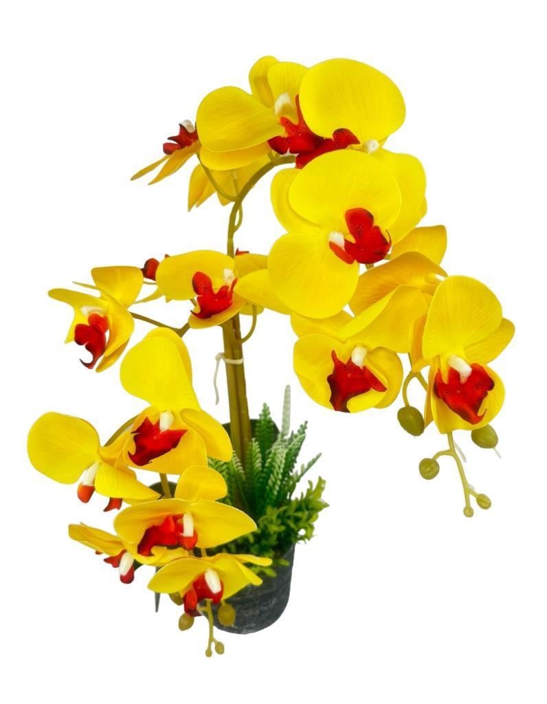 Yapay Çiçek 2li Sarı Kırmızı Islak Orkide Seramik Saksıda Orkide 60cm