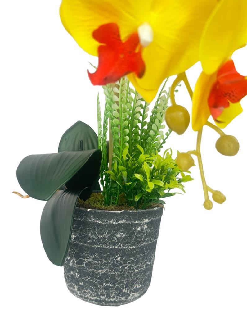 Yapay Çiçek 2li Sarı Kırmızı Islak Orkide Seramik Saksıda Orkide 60cm