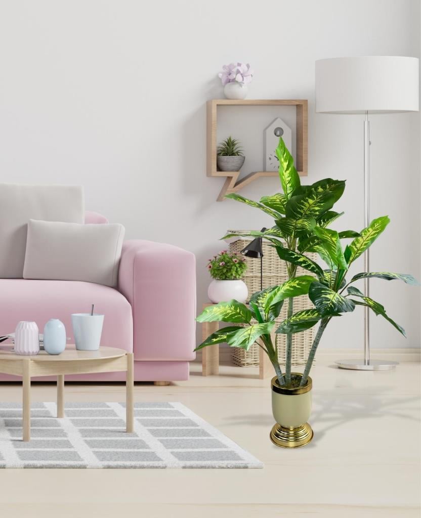 Yapay Çiçek 3 Dallı Diffenbahya Tropik Salon Bitkisi Krem Gold Galvaniz Vazoda