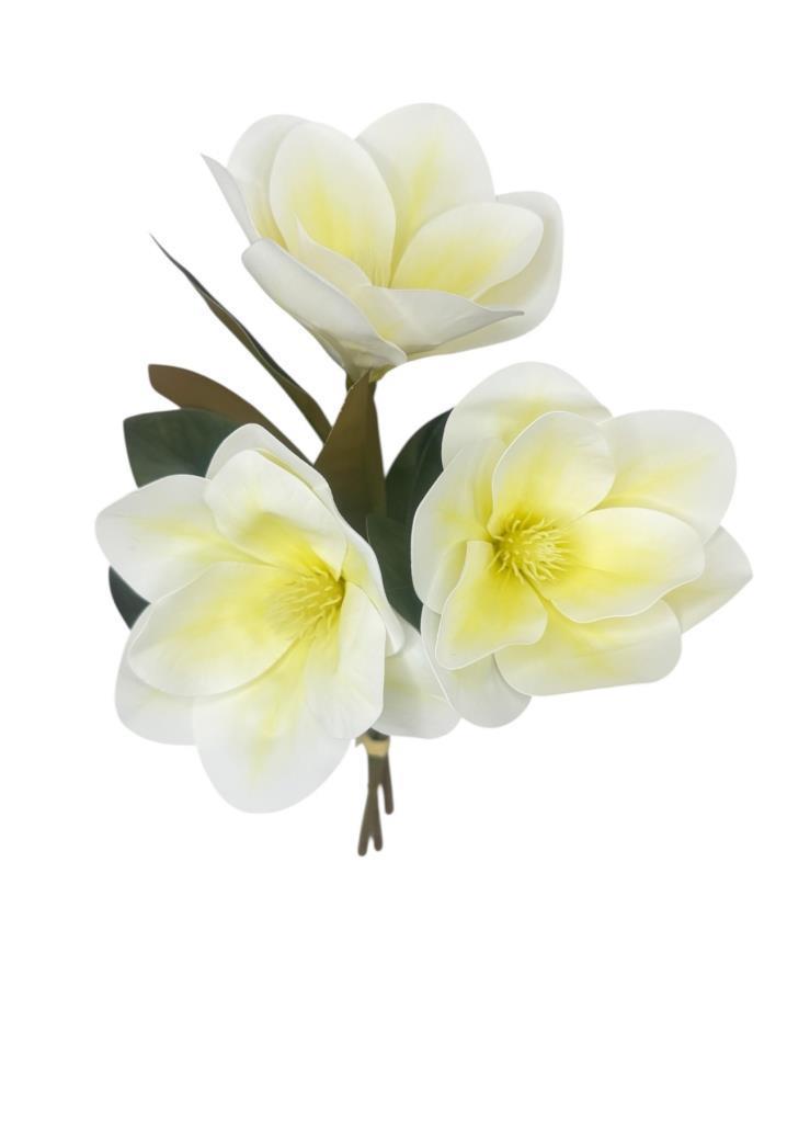 Yapay Çiçek 3Dallı Buket Manolya Gerçek Dokulu Magnolia 32cm KREM