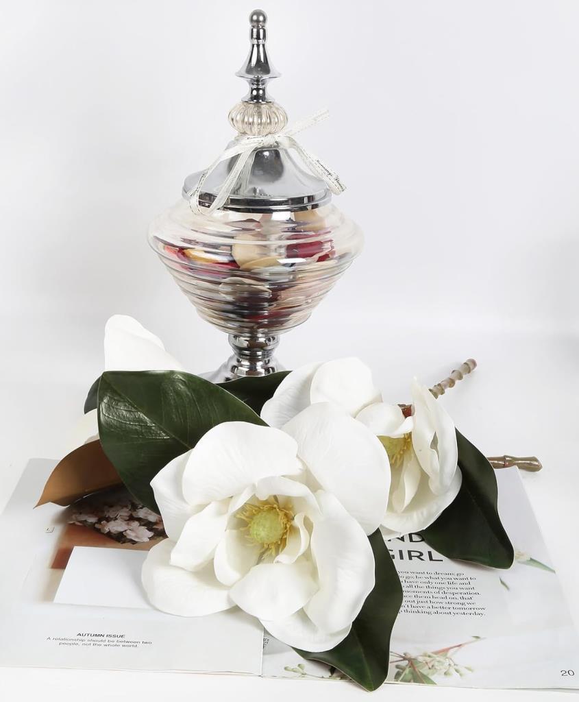 Yapay Çiçek 3Dallı Buket Manolya Gerçek Dokulu Magnolia 32cm BEYAZ