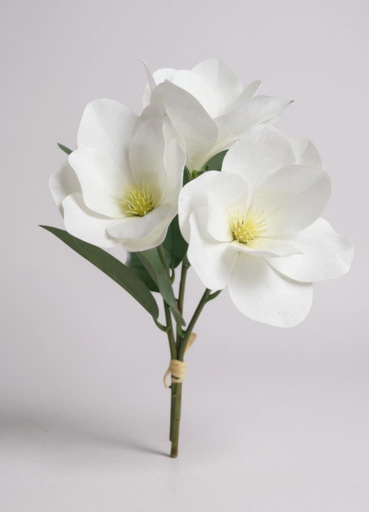 Yapay Çiçek 3Dallı Buket Manolya Gerçek Dokulu Magnolia 32cm BEYAZ