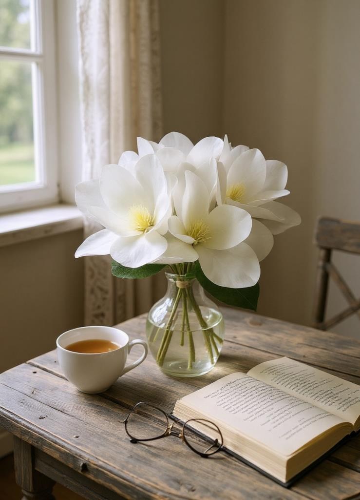 Yapay Çiçek 3Dallı Buket Manolya Gerçek Dokulu Magnolia 32cm BEYAZ