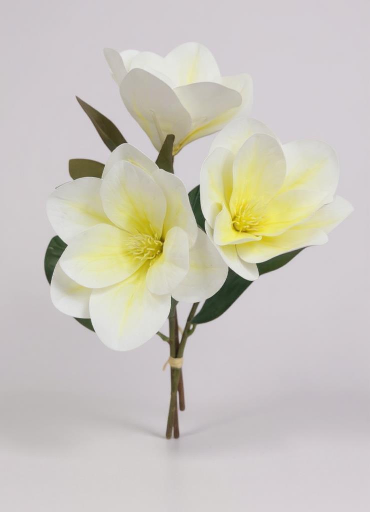 Yapay Çiçek 3Dallı Buket Manolya Gerçek Dokulu Magnolia 32cm KREM
