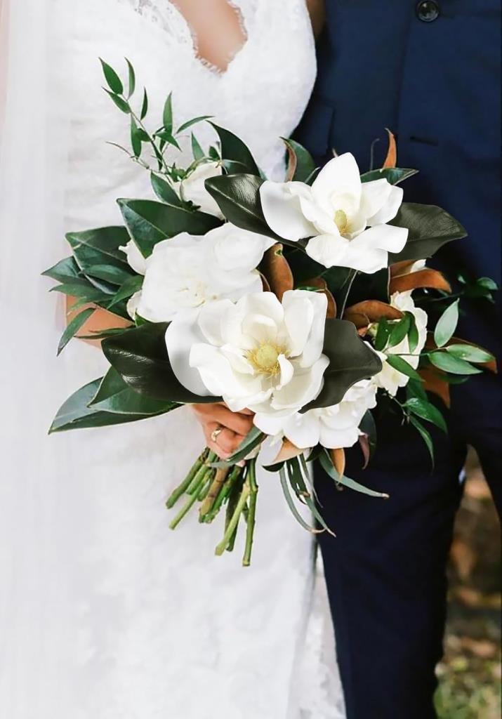 Yapay Çiçek 3Dallı Buket Manolya Gerçek Dokulu Magnolia 32cm BEYAZ