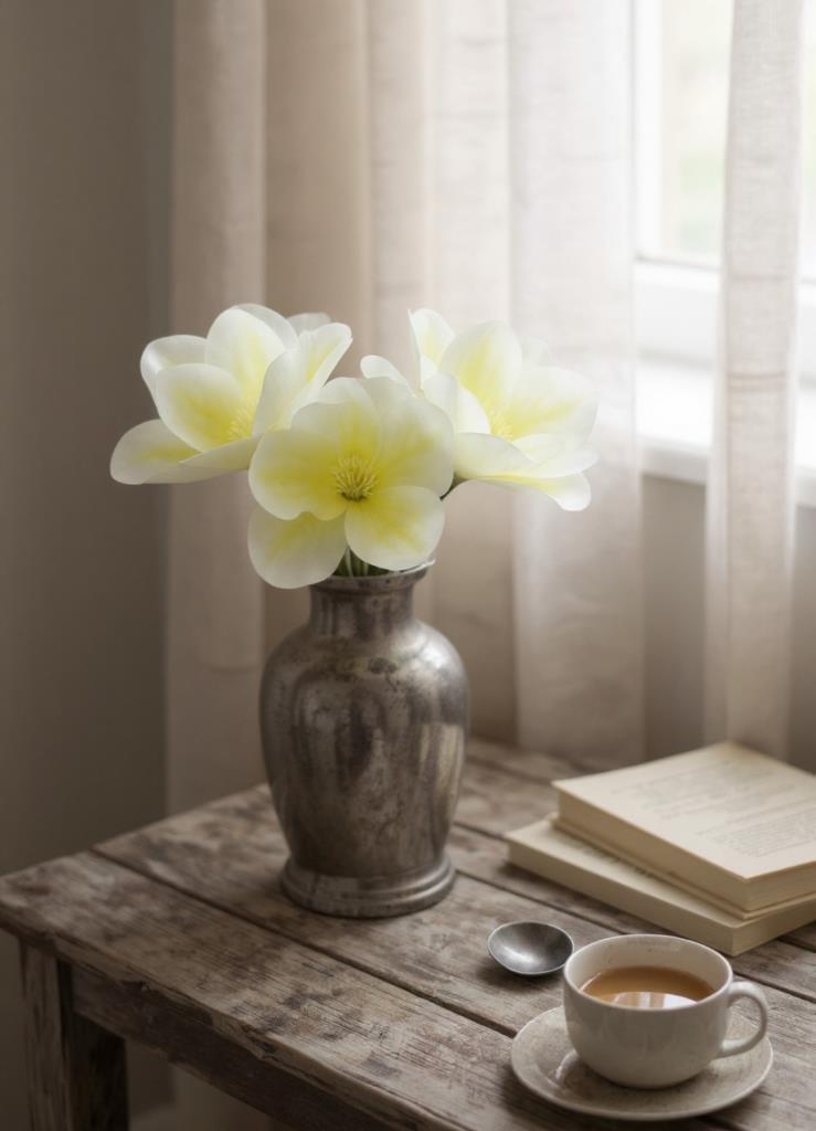 Yapay Çiçek 3Dallı Buket Manolya Gerçek Dokulu Magnolia 32cm KREM