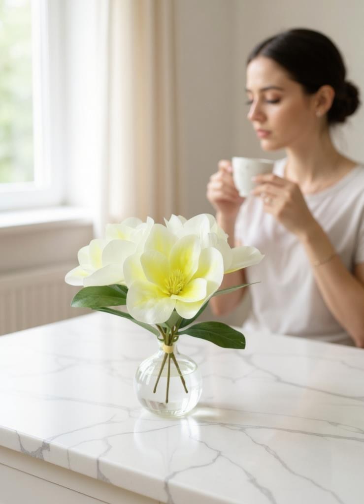 Yapay Çiçek 3Dallı Buket Manolya Gerçek Dokulu Magnolia 32cm KREM