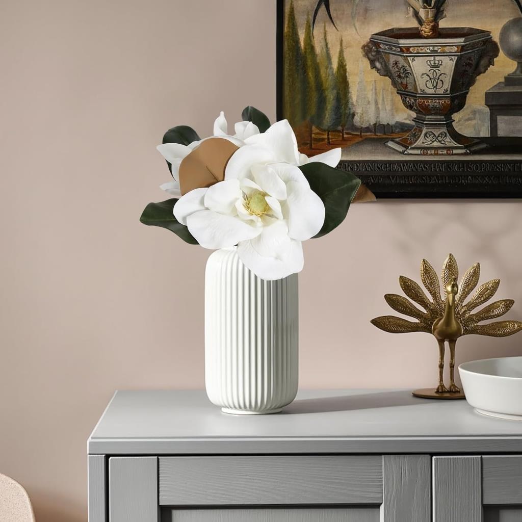 Yapay Çiçek 3Dallı Buket Manolya Gerçek Dokulu Magnolia 32cm BEYAZ