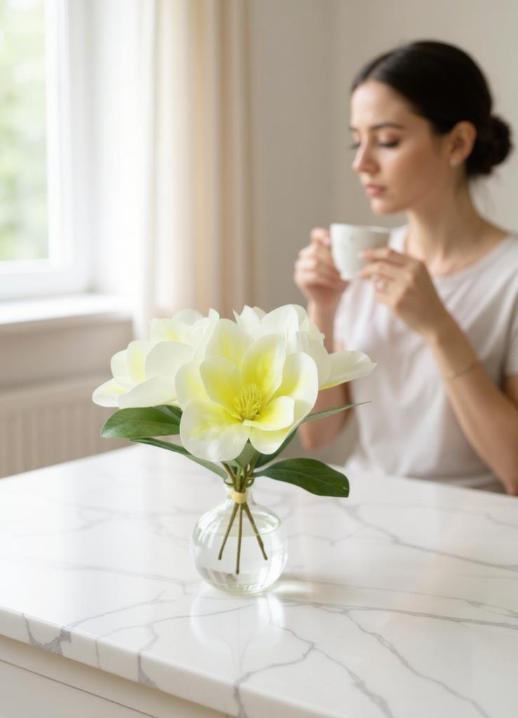 Yapay Çiçek 3Dallı Buket Manolya Gerçek Dokulu Magnolia 32cm KREM